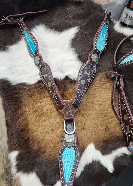 One Ear Headstall and Breast Collar LV/Teal Average Size