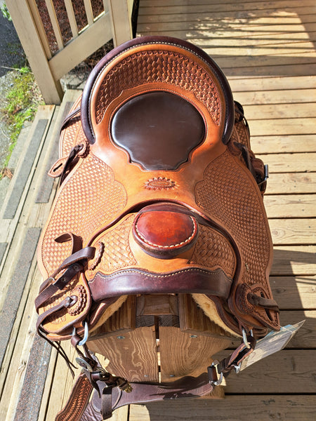 Mark Plumly custom wade tree roping saddle 16" seat