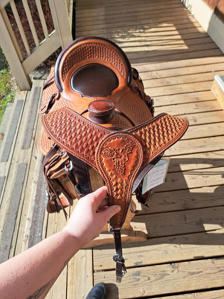 Mark Plumly custom wade tree roping saddle 16" seat
