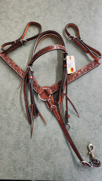 PONY turquoise cross leaf Tooled bridle with matching breast collar